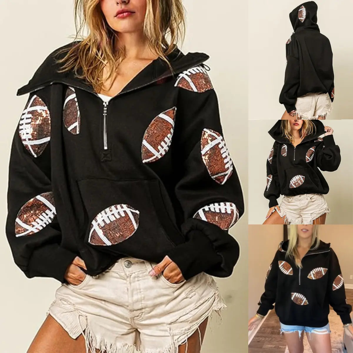 Ommig Women's Oversized Game Day Hoodie with Sequins
