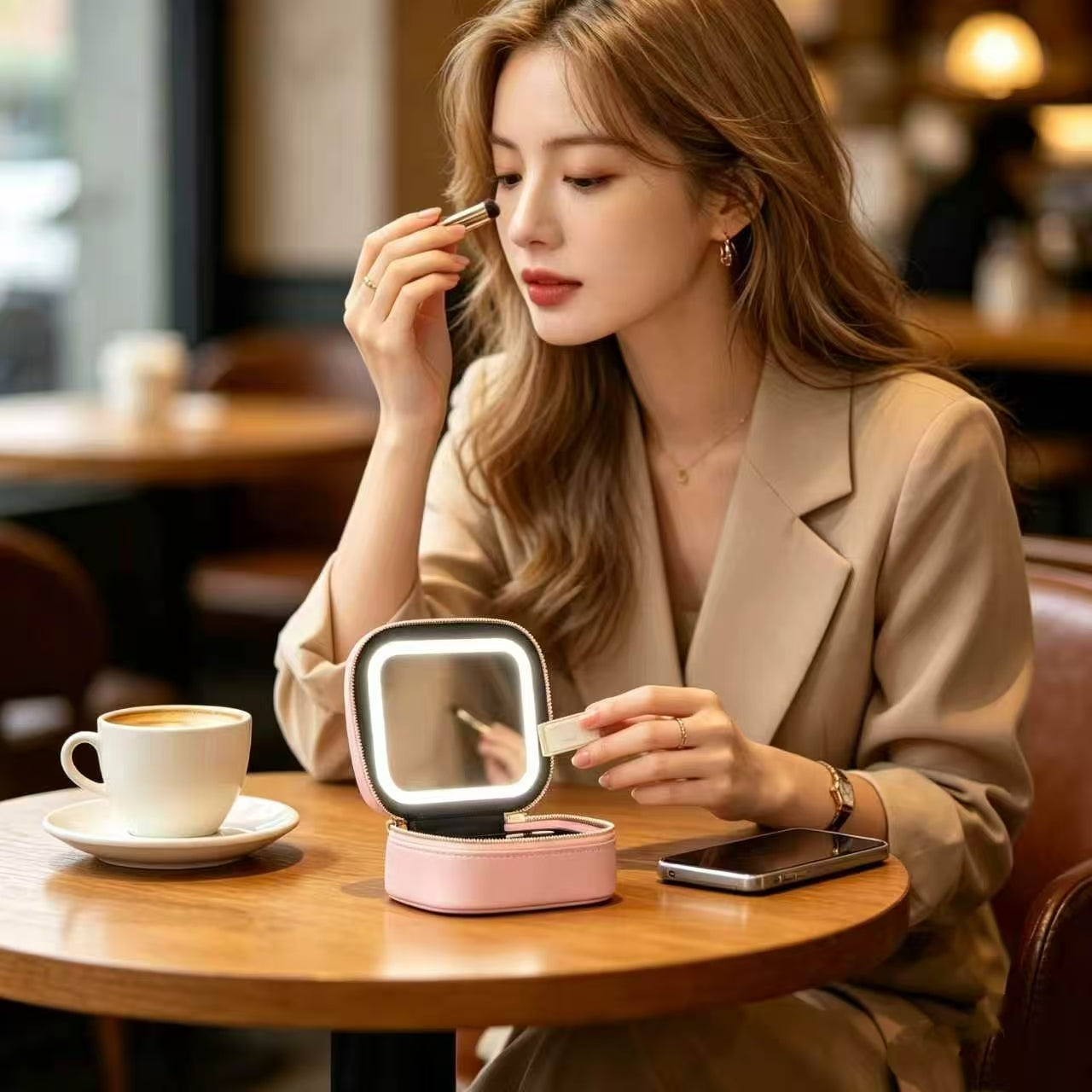 Mini Makeup Bag with Led Mirror, Small Travel Make up Bag 3 Light Modes Adjustable Brightness