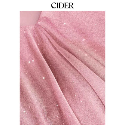 Cider V-Neck Halter Ruffled Tulle Glitter Mini Dress for Women
