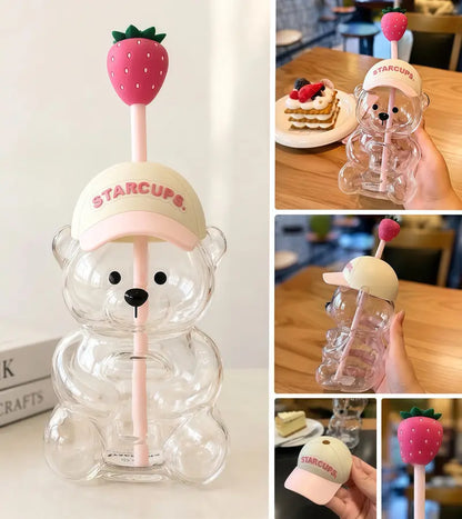 2026 New Cute Beaar Glass Tumbler with Bear Lid & Strawberry Straw