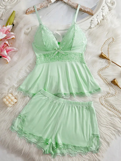 Women's Plain Lace Patchwork Bow Decor Cami Top & Shorts Pajama Set