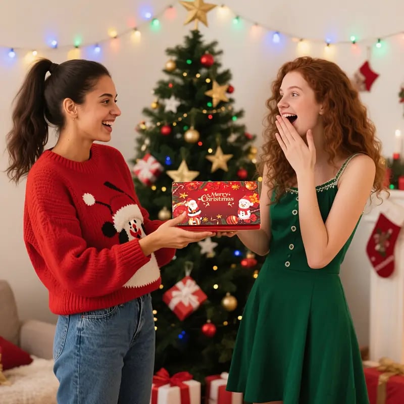 Woman opening Christmas cash gift envelope