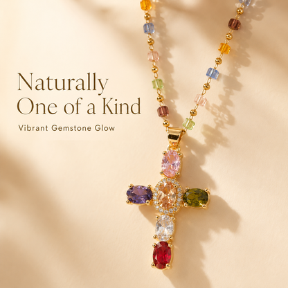 💎 Colored Gemstone Cross Necklace – Natural Gemstones, Handcrafted Jewelry of Faith