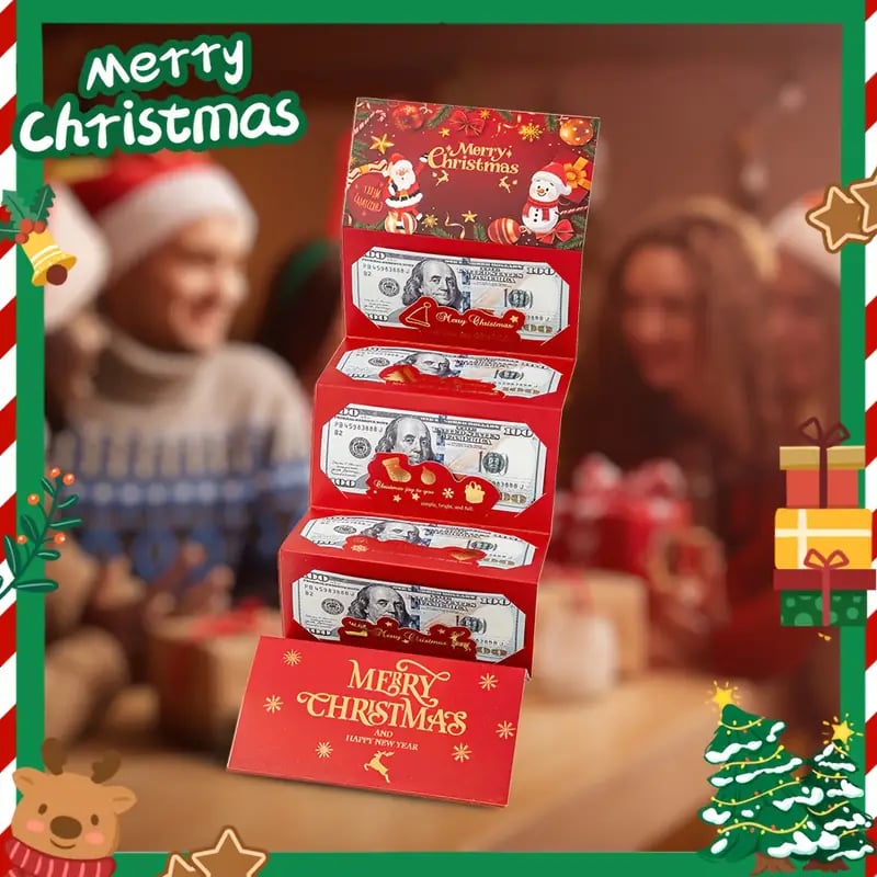 Christmas cash gift envelope unfolded with six cash slots