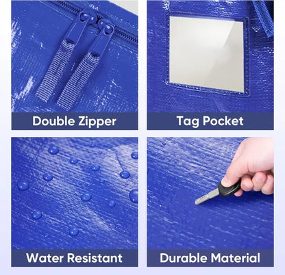 Extra-Large, Heavy-Duty Moving Bags—Waterproof storage bags with handles and zippers, foldable, ideal for college dorms and home storage.
