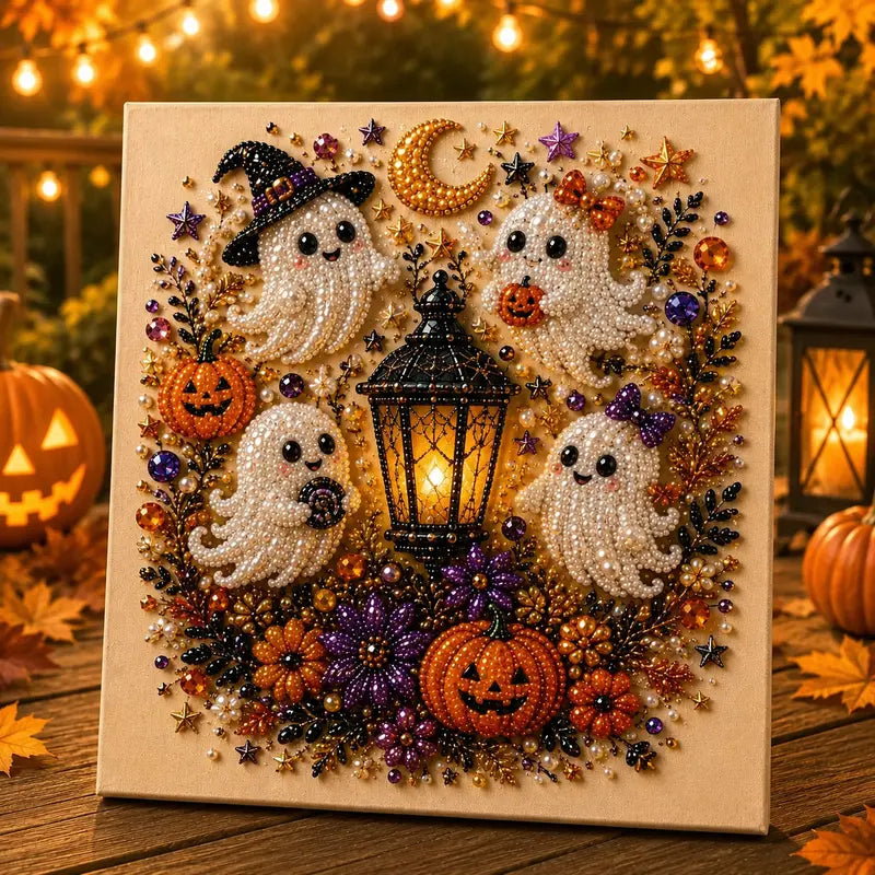 Spooky-Cute Ghost Pearl Art DIY Kit – 8" × 8" Halloween Diamond Painting
